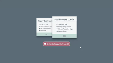 A overlapping sushi cards built with modern frontend techniques for responsive and reusable UI.