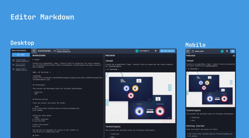A a markdown editor to create and store several .md files built with modern frontend techniques for responsive and reusable UI.