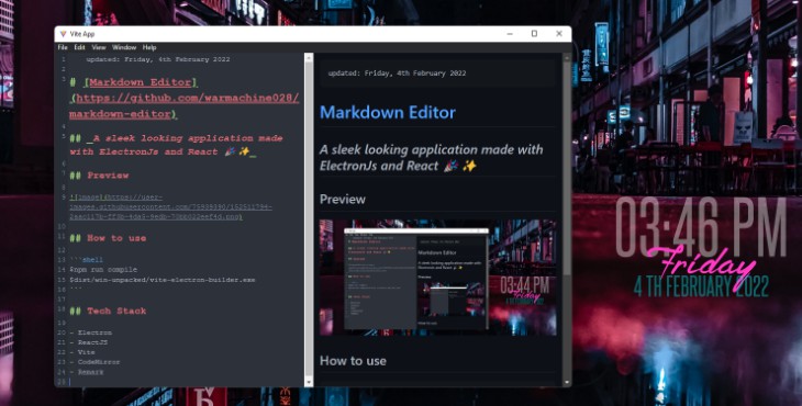 A a markdown editor using electron, reactjs, vite, codemirror, and remark built with modern frontend techniques for responsive and reusable UI.