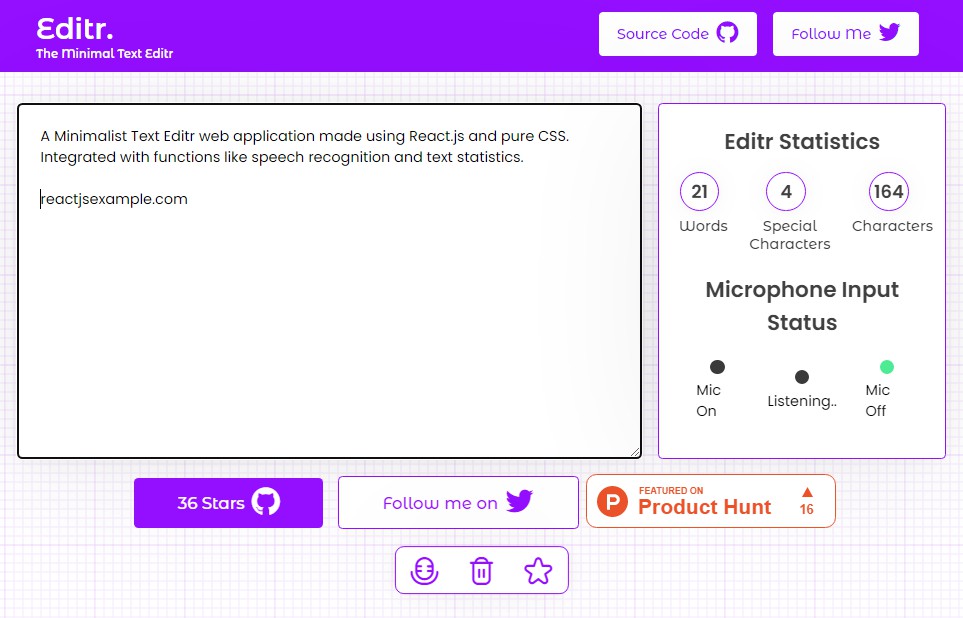 A a minimalist text editr web application made using react.js and pure css built with modern frontend techniques for responsive and reusable UI.