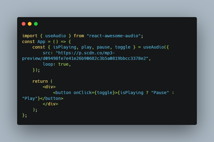 A a package with optimized and supercharged react hook to play audio without any dom element built with modern frontend techniques for responsive and reusable UI.