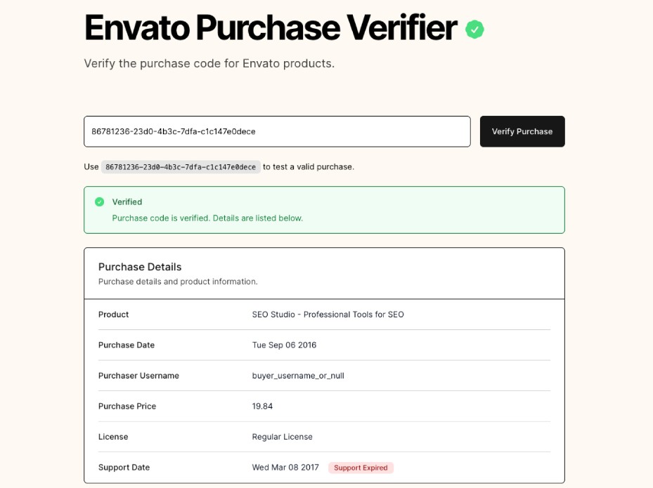 A a purchase verifier for envato using next.js with tailwind css built with modern frontend techniques for responsive and reusable UI.