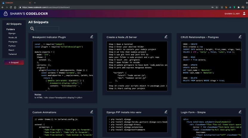 A a react app for developers to store coding-related 'snippets' like code built with modern frontend techniques for responsive and reusable UI.
