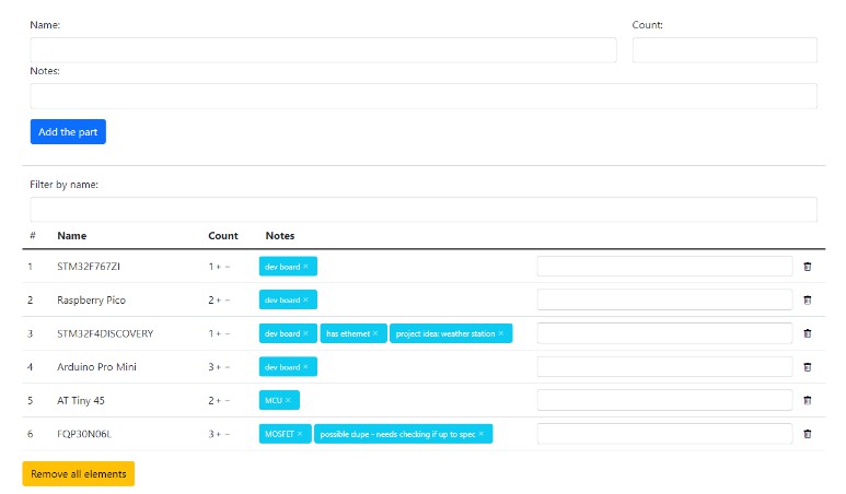 A a react app for keeping a registry of owned electronic components built with modern frontend techniques for responsive and reusable UI.