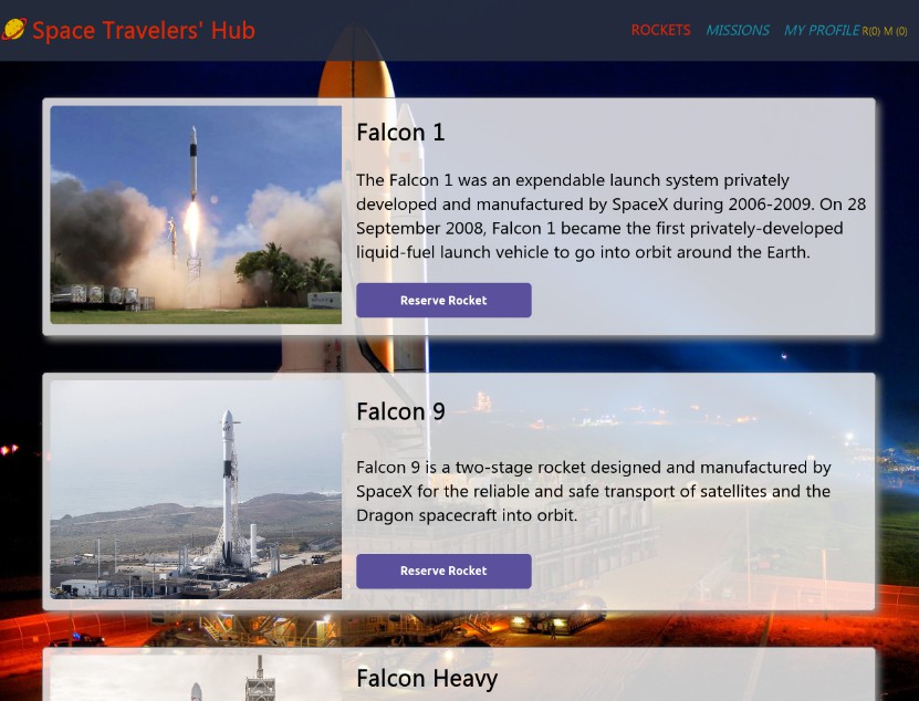 A a react app that allows users to book rockets and join selected space missions using the spacex api built with modern frontend techniques for responsive and reusable UI.