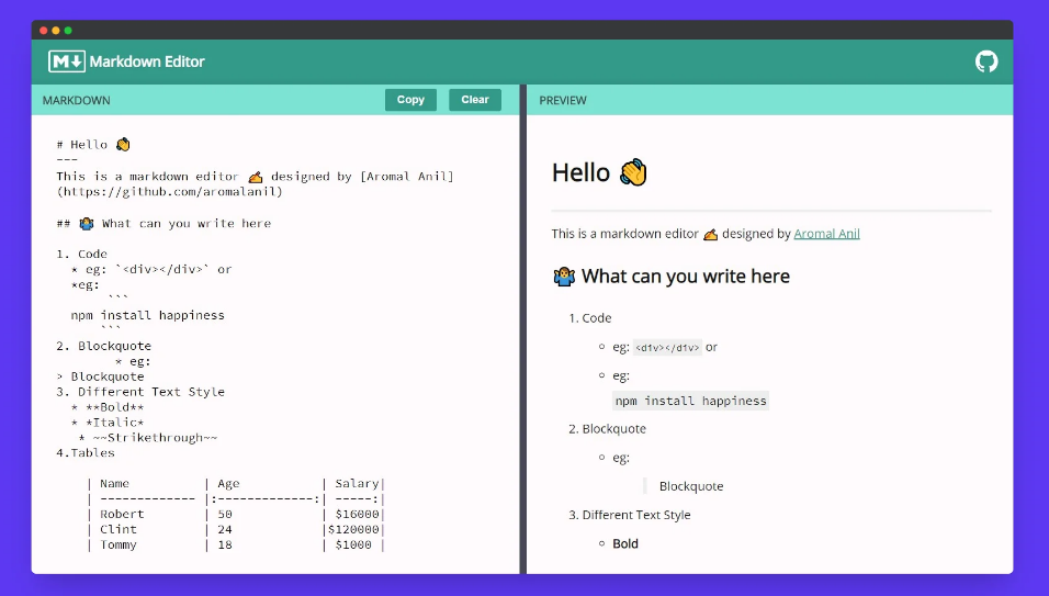 A a react app to preview and edit markdown built with modern frontend techniques for responsive and reusable UI.