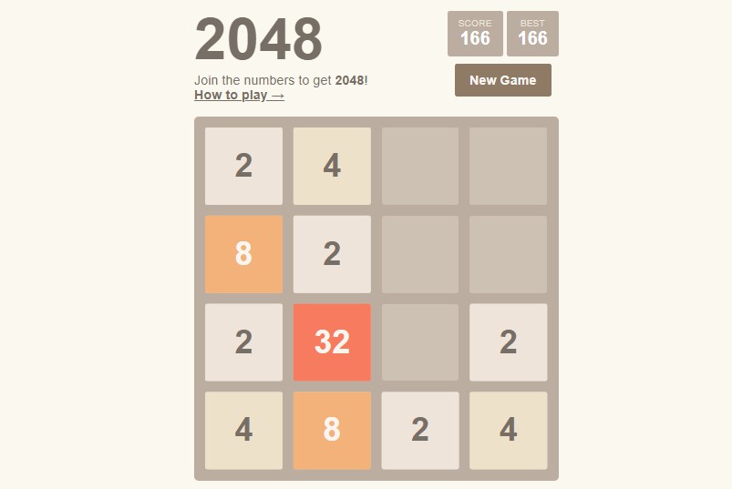 A 2048 game built using react.js built with modern frontend techniques for responsive and reusable UI.