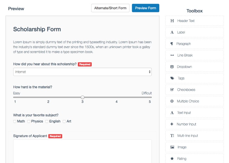 A a react form builder that interfaces with a json endpoint to load and save generated forms built with modern frontend techniques for responsive and reusable UI.