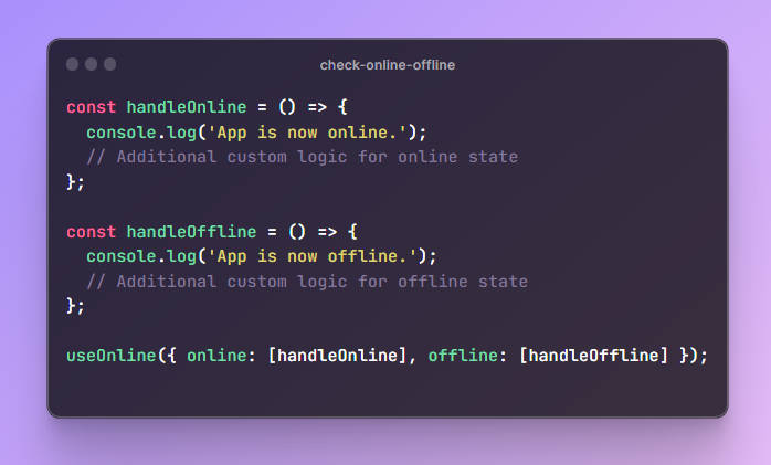 A a react hook to check network status with advanced functionality of callback functions built with modern frontend techniques for responsive and reusable UI.