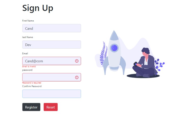 A a react validation form with formik and yup built with modern frontend techniques for responsive and reusable UI.