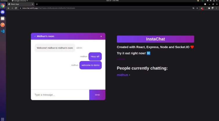 A a real-time chat application made using reactjs, expressjs, nodejs, and socket.io built with modern frontend techniques for responsive and reusable UI.