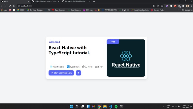 A a card commponent using react.js and tailwind css built with modern frontend techniques for responsive and reusable UI.