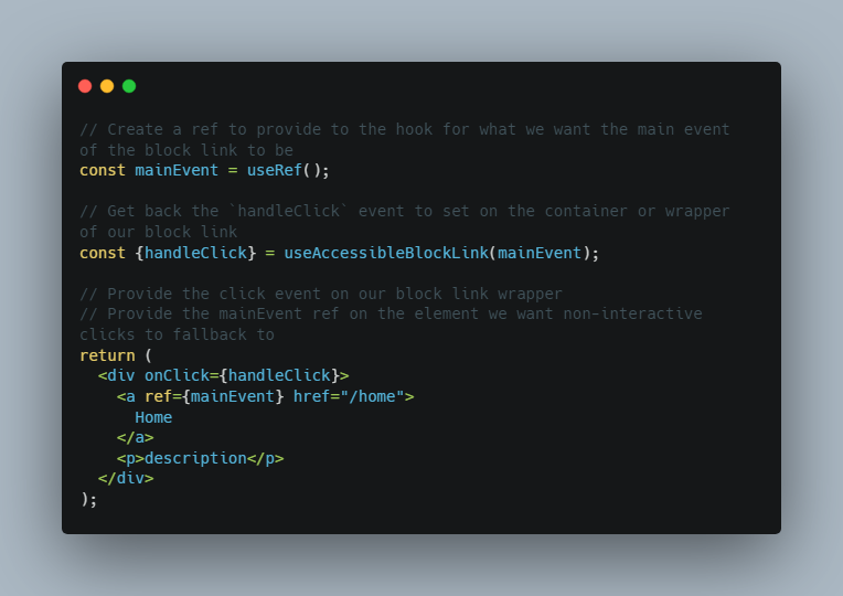 A a reusable react hook that preserves a components semantic accessibility to create a visual block link built with modern frontend techniques for responsive and reusable UI.