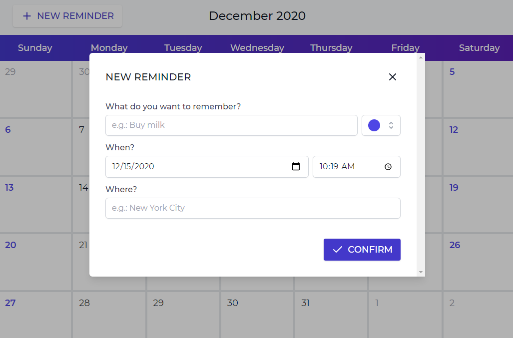 A a simple calendar where you can add reminders for a specific date/time and city built with modern frontend techniques for responsive and reusable UI.