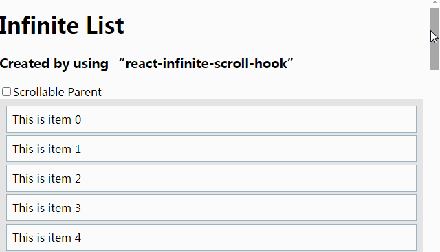 A a simple hook to create infinite scroll list components with react built with modern frontend techniques for responsive and reusable UI.