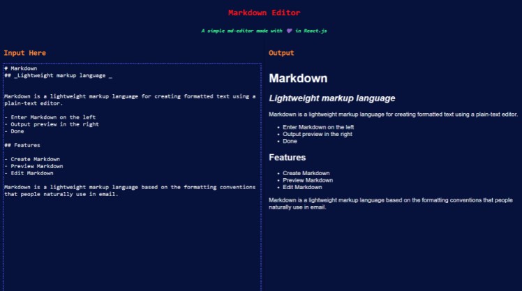 A a simple markdown editor made in react.js built with modern frontend techniques for responsive and reusable UI.