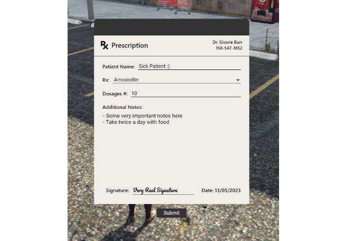 A a simple prescription resource for qbcore, created using react built with modern frontend techniques for responsive and reusable UI.