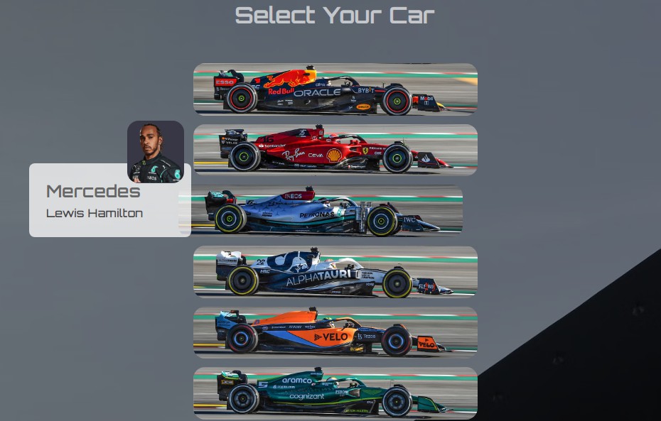 A a simple racing game that you can select a formula 1 car and race with 3 random cars built with modern frontend techniques for responsive and reusable UI.