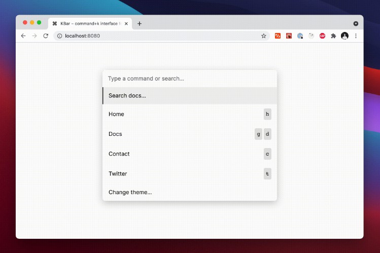 A a simple react component to add a fast and extensible command+k interface to your site built with modern frontend techniques for responsive and reusable UI.