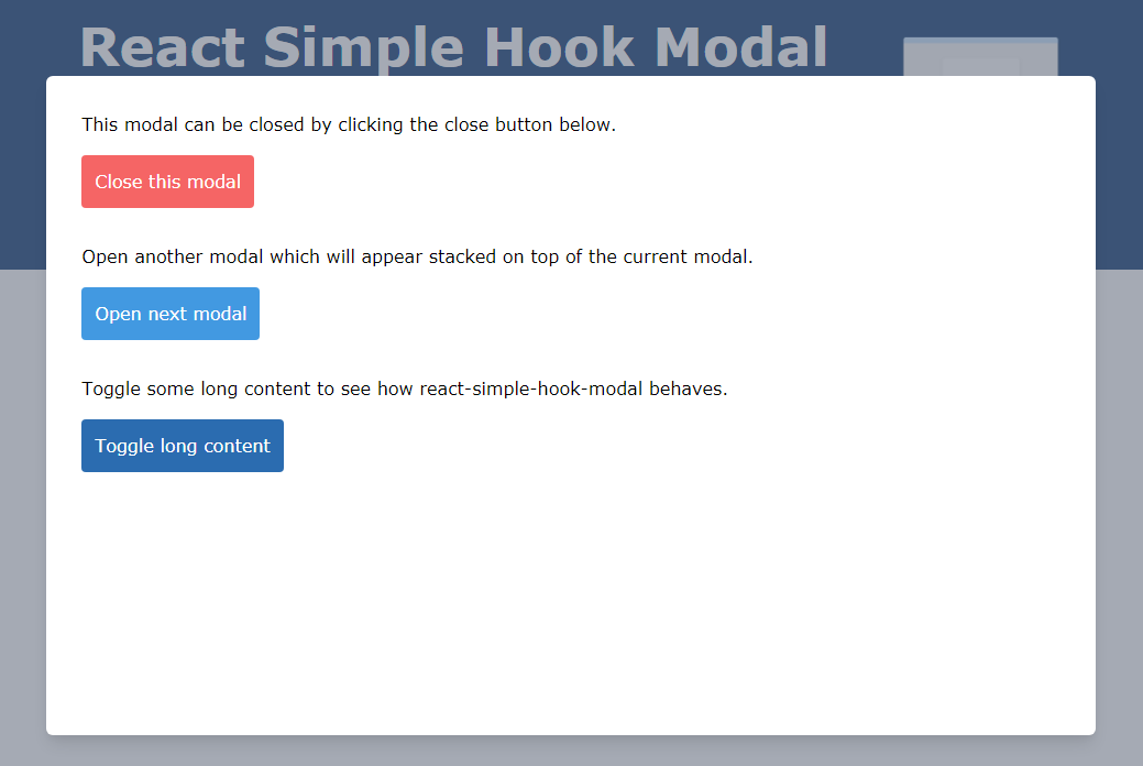A a simple react modal with hook based api built with modern frontend techniques for responsive and reusable UI.