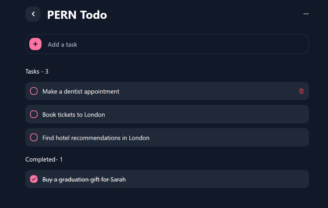 A a simple react todo-list with the pern stack built with modern frontend techniques for responsive and reusable UI.
