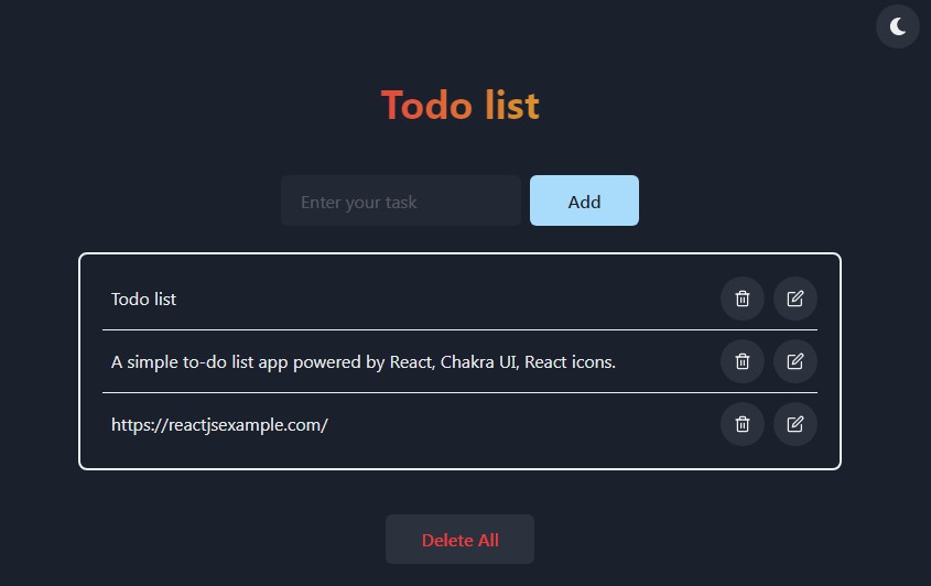 A a simple to-do list app powered by react, chakra ui, react icons built with modern frontend techniques for responsive and reusable UI.