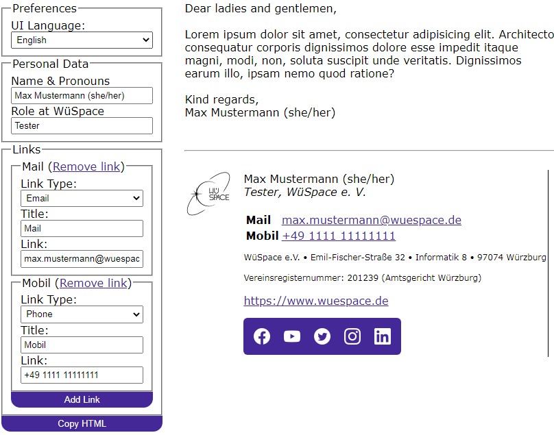 A a simple tool to generate a wüspace email signature built with modern frontend techniques for responsive and reusable UI.