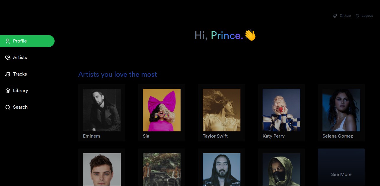 A a spotify profile app made with react and tailwind css built with modern frontend techniques for responsive and reusable UI.
