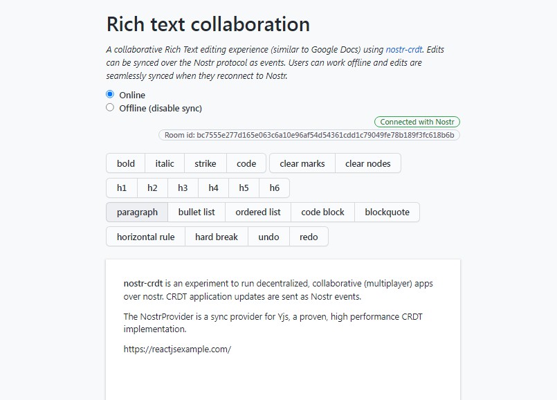 A a collaborative rich text editing experience (similar to google docs) using nostr-crdt built with modern frontend techniques for responsive and reusable UI.