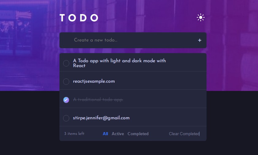 A a todo app with light and dark mode with react built with modern frontend techniques for responsive and reusable UI.