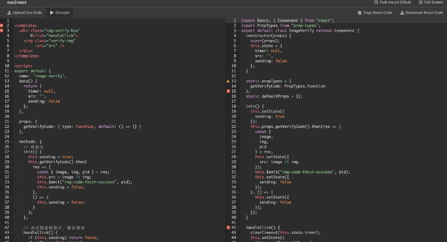 A a tool that transforms vue component to react component built with modern frontend techniques for responsive and reusable UI.