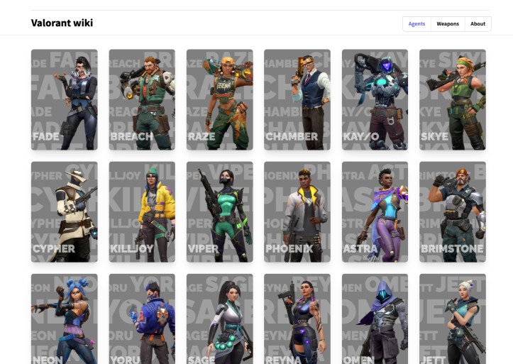 A a valorant wiki where users can check informations and meet other players built with modern frontend techniques for responsive and reusable UI.