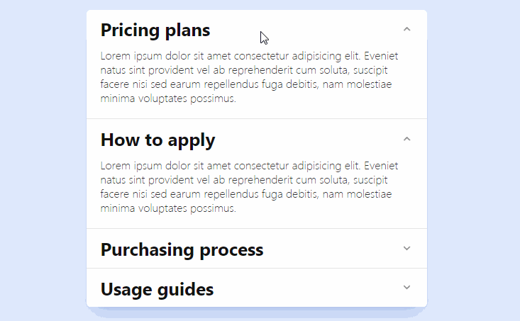 A accordion react component with animation built with modern frontend techniques for responsive and reusable UI.
