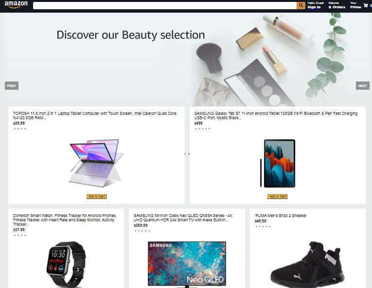 A an imitation of the amazon online shopping store built using react built with modern frontend techniques for responsive and reusable UI.