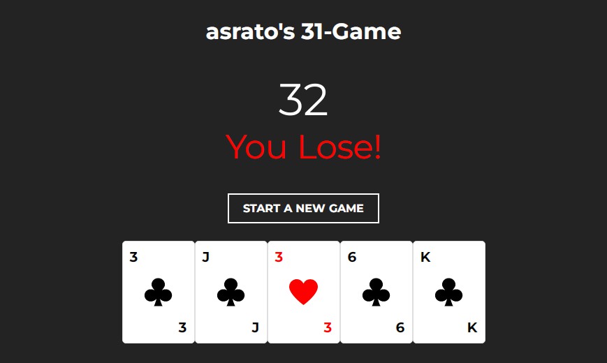 A 31 game: a simple react game based on blackjack built with modern frontend techniques for responsive and reusable UI.