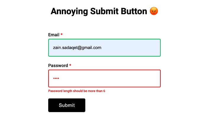 A annoying submit button in a form using reactjs built with modern frontend techniques for responsive and reusable UI.