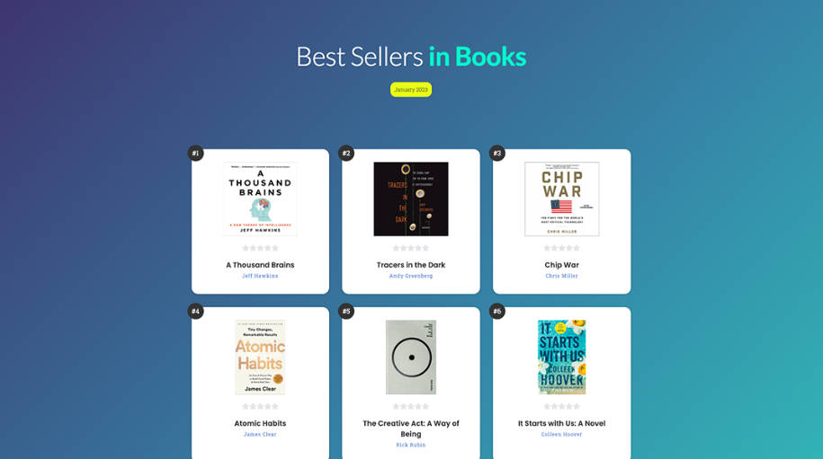 A best sellers in books using react built with modern frontend techniques for responsive and reusable UI.