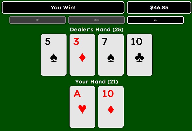 A blackjack card game built in react, using typescript built with modern frontend techniques for responsive and reusable UI.