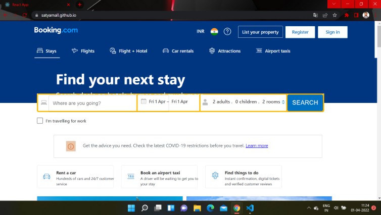 A booking.com clone website built with react.js built with modern frontend techniques for responsive and reusable UI.