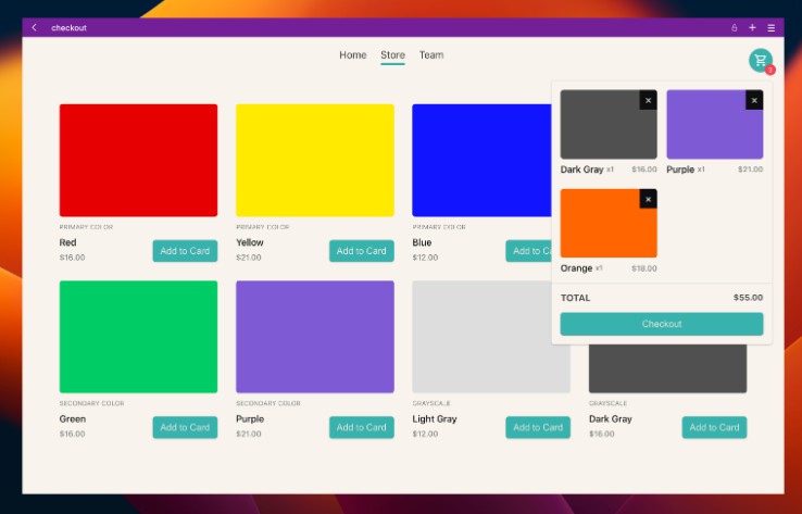 A checkout cart built with react.js built with modern frontend techniques for responsive and reusable UI.