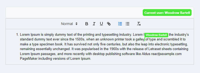 A colaborative editor using quill editor and react built with modern frontend techniques for responsive and reusable UI.