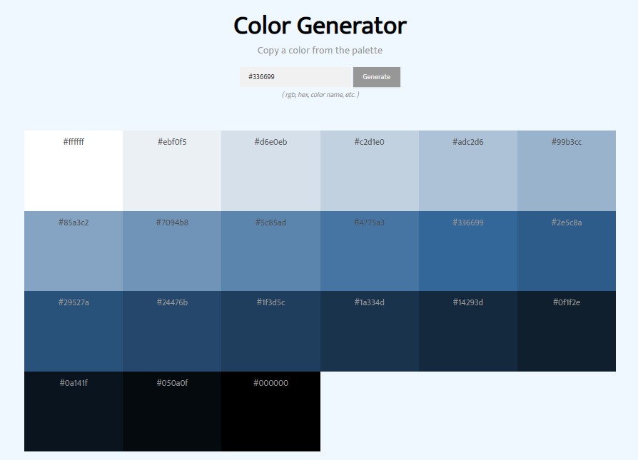 A color generator application created using react js built with modern frontend techniques for responsive and reusable UI.