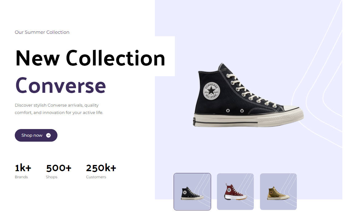 A converse store landing page built using react and tailwind css built with modern frontend techniques for responsive and reusable UI.