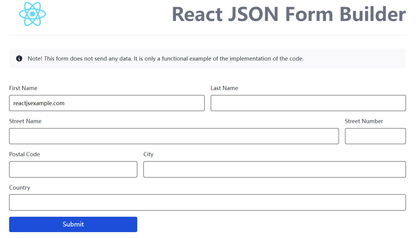 A example for a lightweight react json form builder built with modern frontend techniques for responsive and reusable UI.