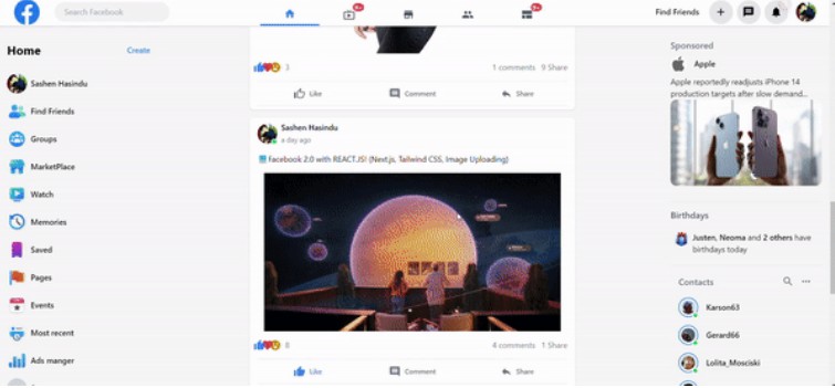 A facebook 2.0 with react.js and tailwind css, image uploading, facebook authentication built with modern frontend techniques for responsive and reusable UI.