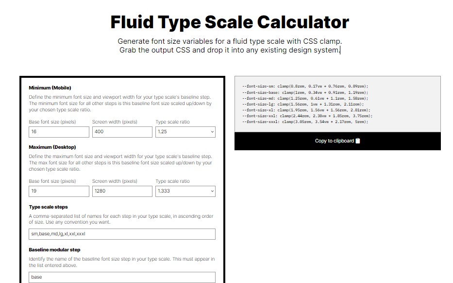 A generate font size variables for a fluid type scale with css clamp built with modern frontend techniques for responsive and reusable UI.