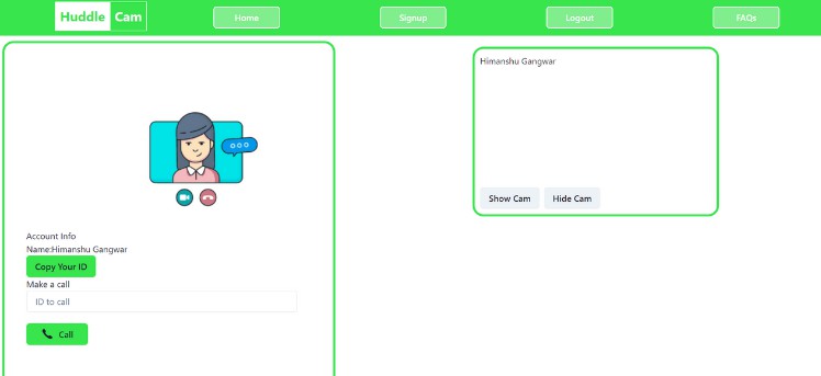 A huddlecam - a video calling app built with react and mongodb built with modern frontend techniques for responsive and reusable UI.