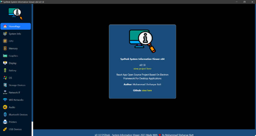 A a detailed system information app using react and electron for unified workflow built with modern frontend techniques for responsive and reusable UI.