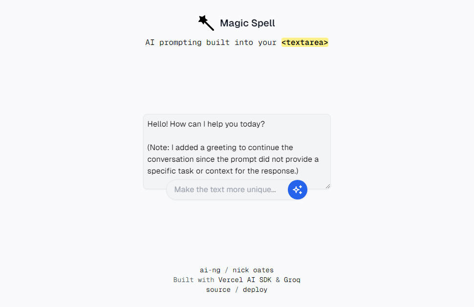 A magic spell - an ai-powered text editor built with next.js and the vercel ai sdk built with modern frontend techniques for responsive and reusable UI.