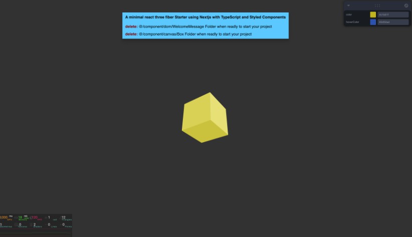 A minimal react three fiber starter using next.js with typescript and styled components built with modern frontend techniques for responsive and reusable UI.